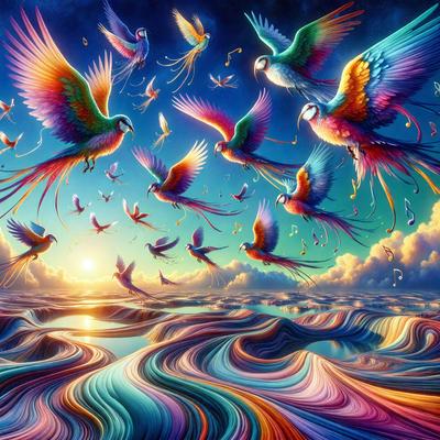 The primary subject of the image is a group of colorful birds flying over a body of water. The birds are of various sizes and colors, creating a vibrant and lively scene. The setting is a beautiful blue ocean, with the birds flying above the water. The visual style of the image is a digital art or illustration, showcasing the artist's creativity and skill in capturing the birds in flight. The colors and mood of the image are bright, cheerful, and dynamic, reflecting the energy and